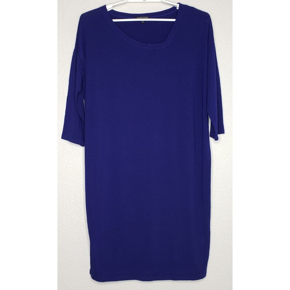 Eileen Fisher Dress Size Small Blue 3/4 Sleeve Knee Length V-Neck Stretch Shift